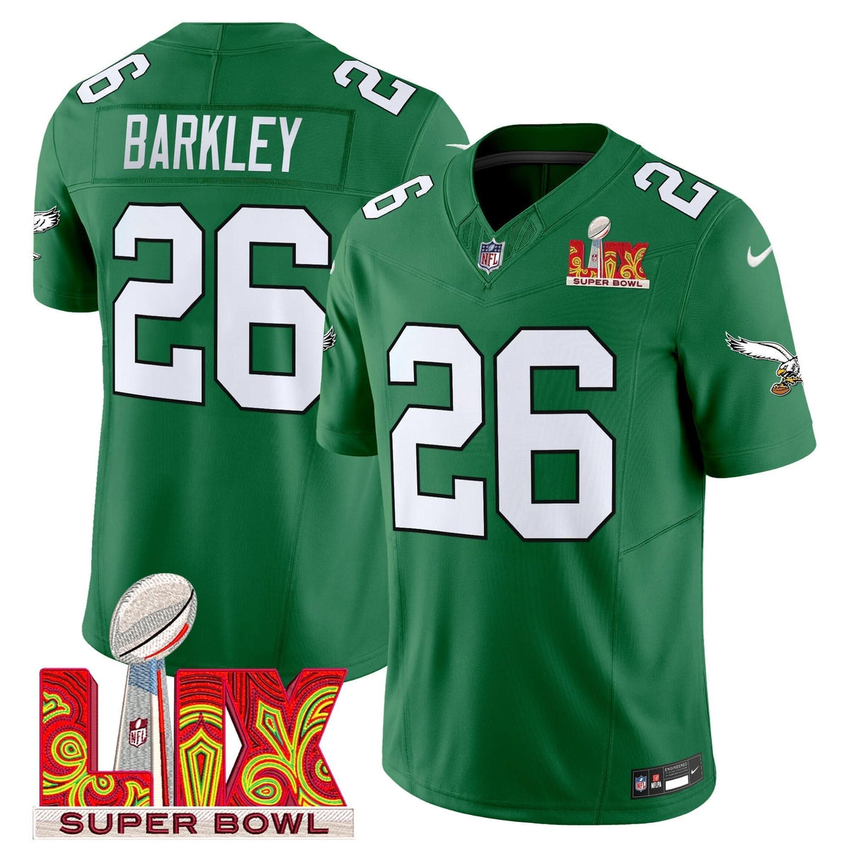 Philadelphia Eagles Kelly Green Super Bowl LIX Patch Vapor Limited Jersey - All Stitched