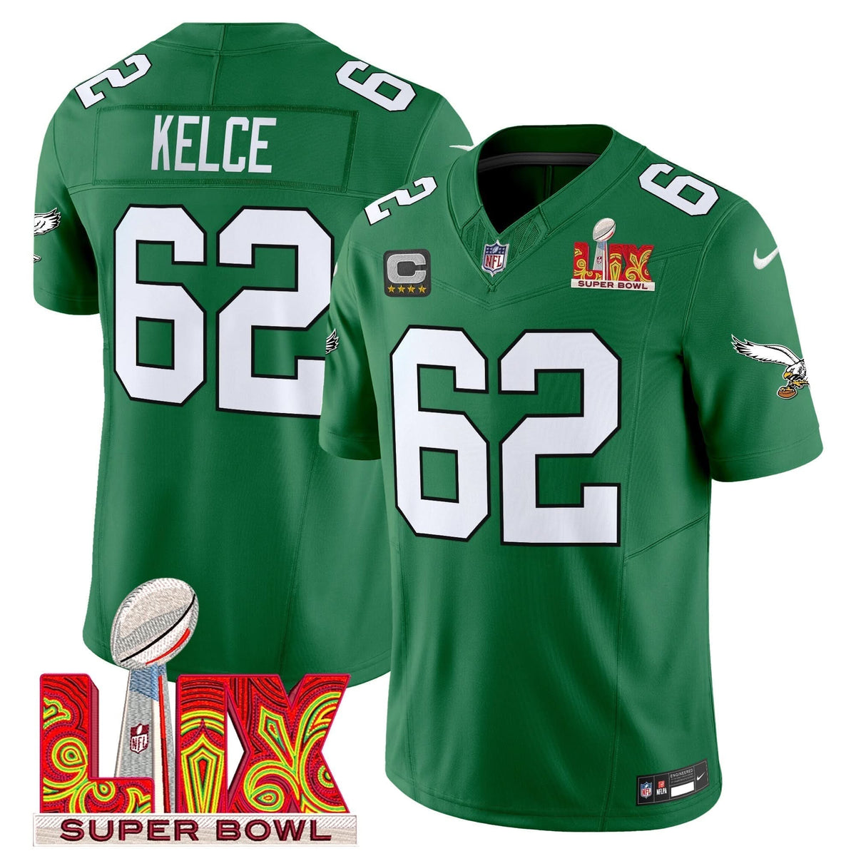 Philadelphia Eagles Kelly Green Super Bowl LIX Patch Vapor Limited Jersey - All Stitched