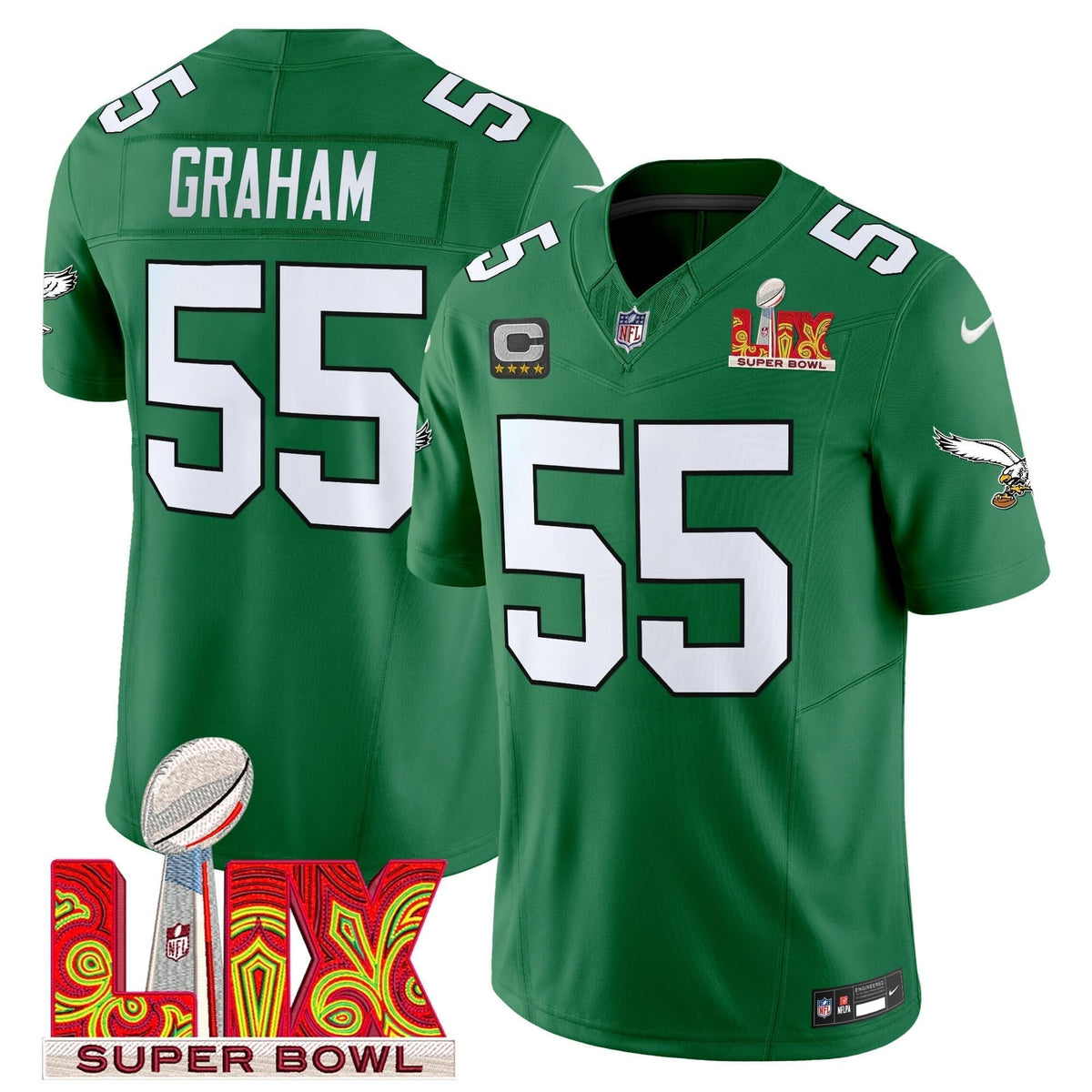 Philadelphia Eagles Kelly Green Super Bowl LIX Patch Vapor Limited Jersey - All Stitched