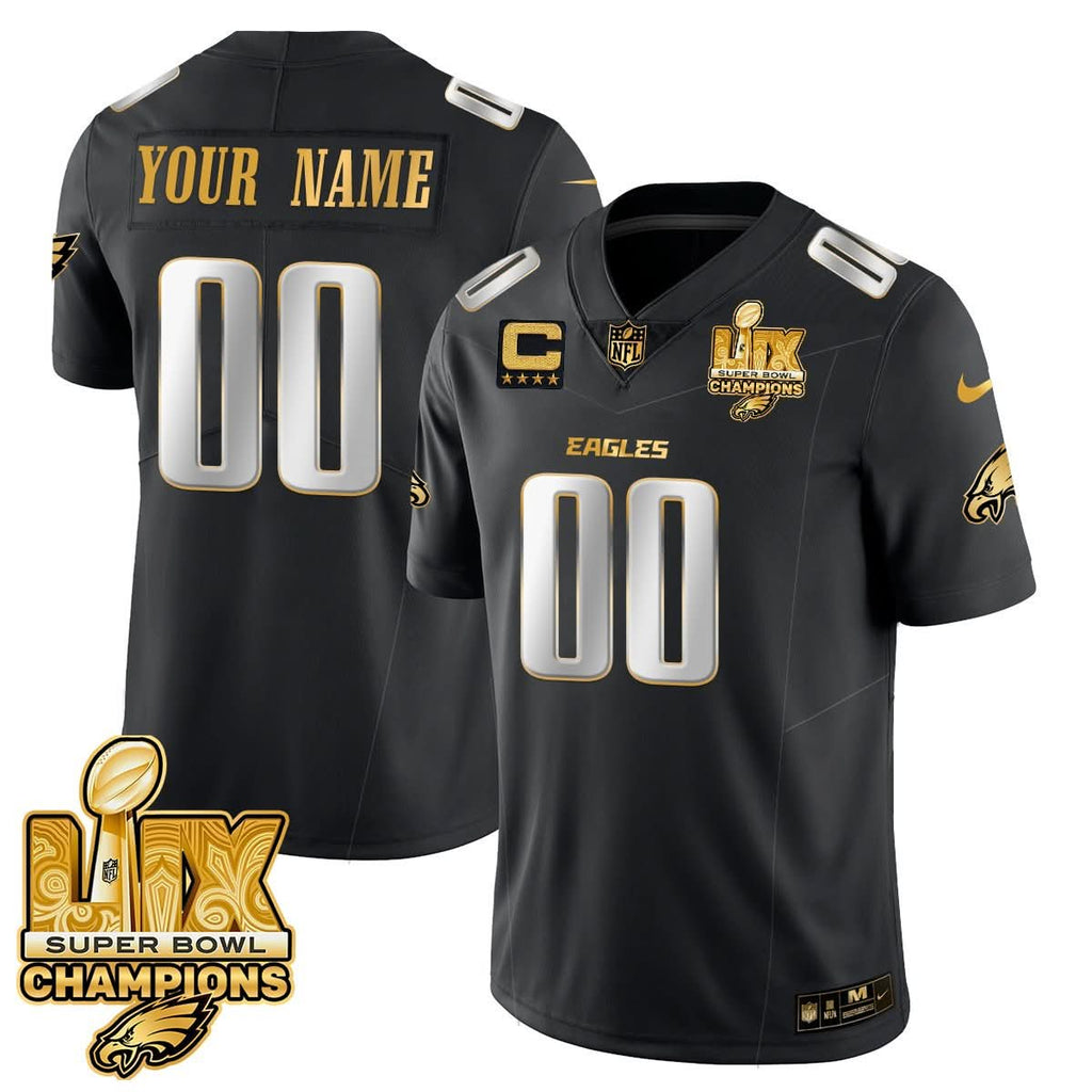 Custom Name/Gender Philadelphia Eagles Super Bowl LIX Champions Gold Trim Vapor Limited Jersey - All Stitched