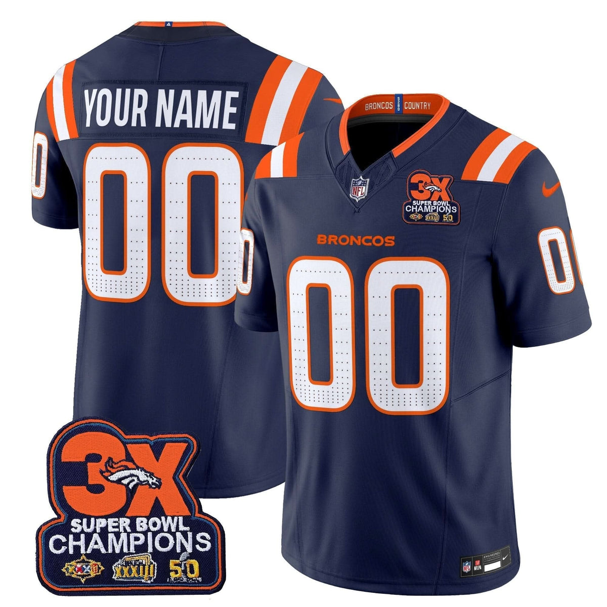 Denver Broncos 3-Time Champions Patch Vapor Limited Custom Jersey V2 - All Stitched