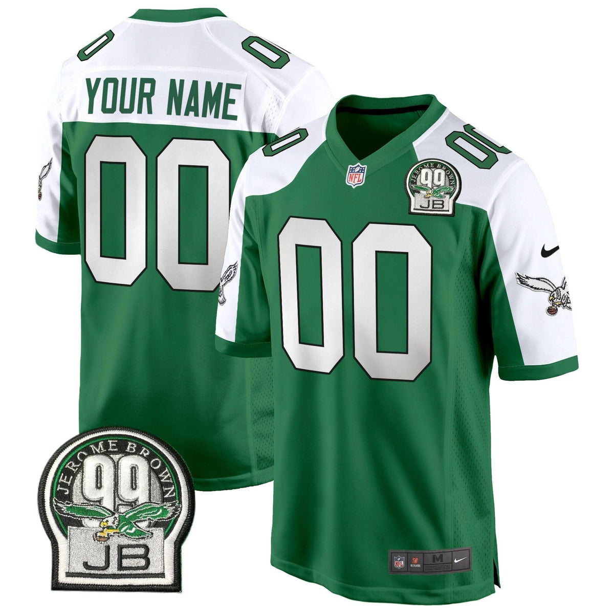 Eagles Jerome Brown Patch Kelly Green Game Custom Jersey - All Stitched