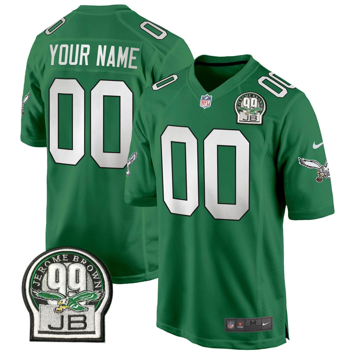 Eagles Jerome Brown Patch Kelly Green Game Custom Jersey - All Stitched